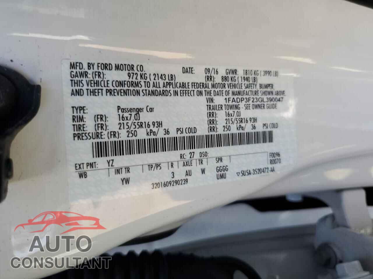 FORD FOCUS 2016 - 1FADP3F23GL390047