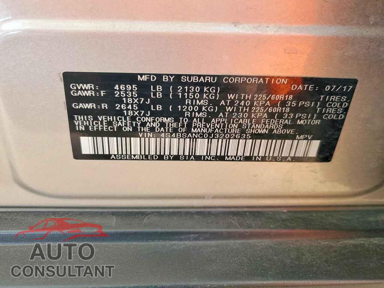 SUBARU OUTBACK 2018 - 4S4BSANC0J3202635
