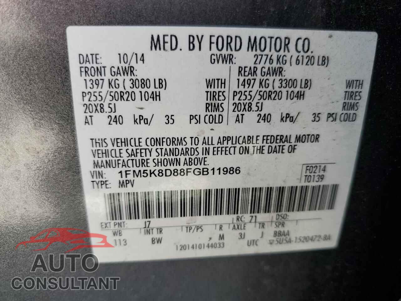 FORD EXPLORER 2015 - 1FM5K8D88FGB11986