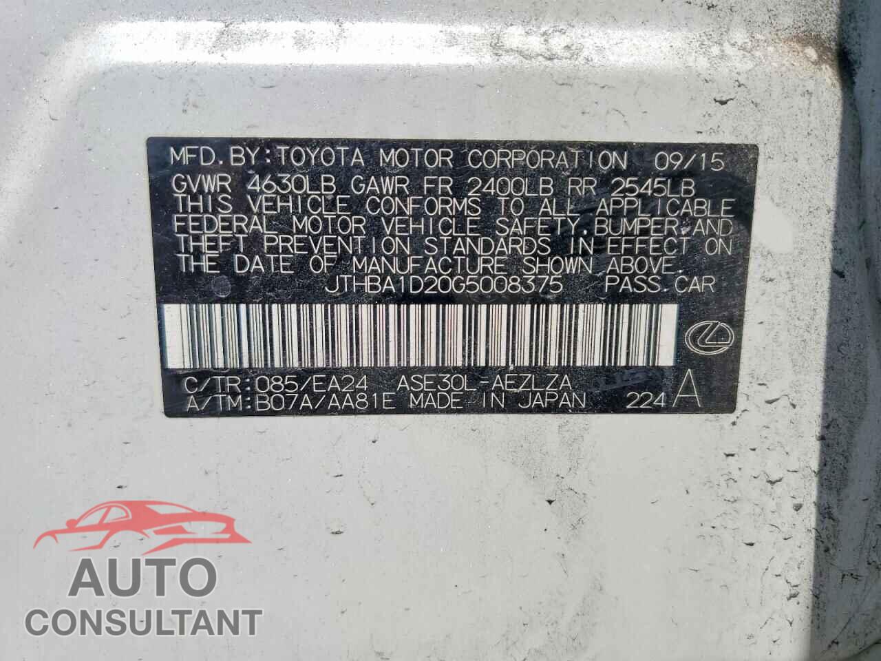 LEXUS IS 2016 - JTHBA1D20G5008375