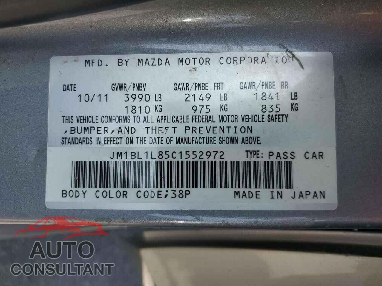 MAZDA 3 2012 - JM1BL1L85C1552972