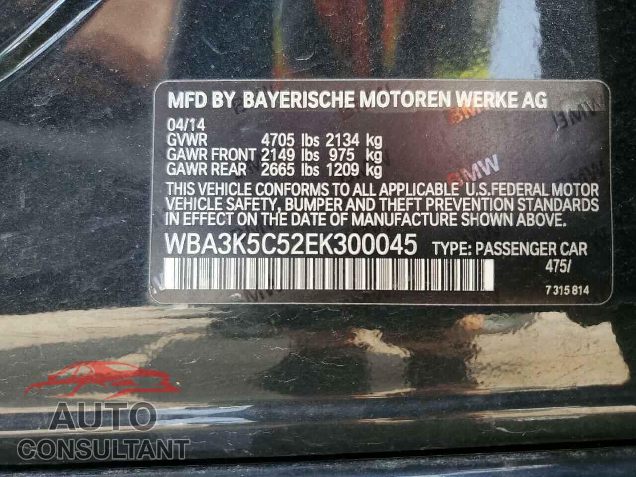 BMW 3 SERIES 2014 - WBA3K5C52EK300045
