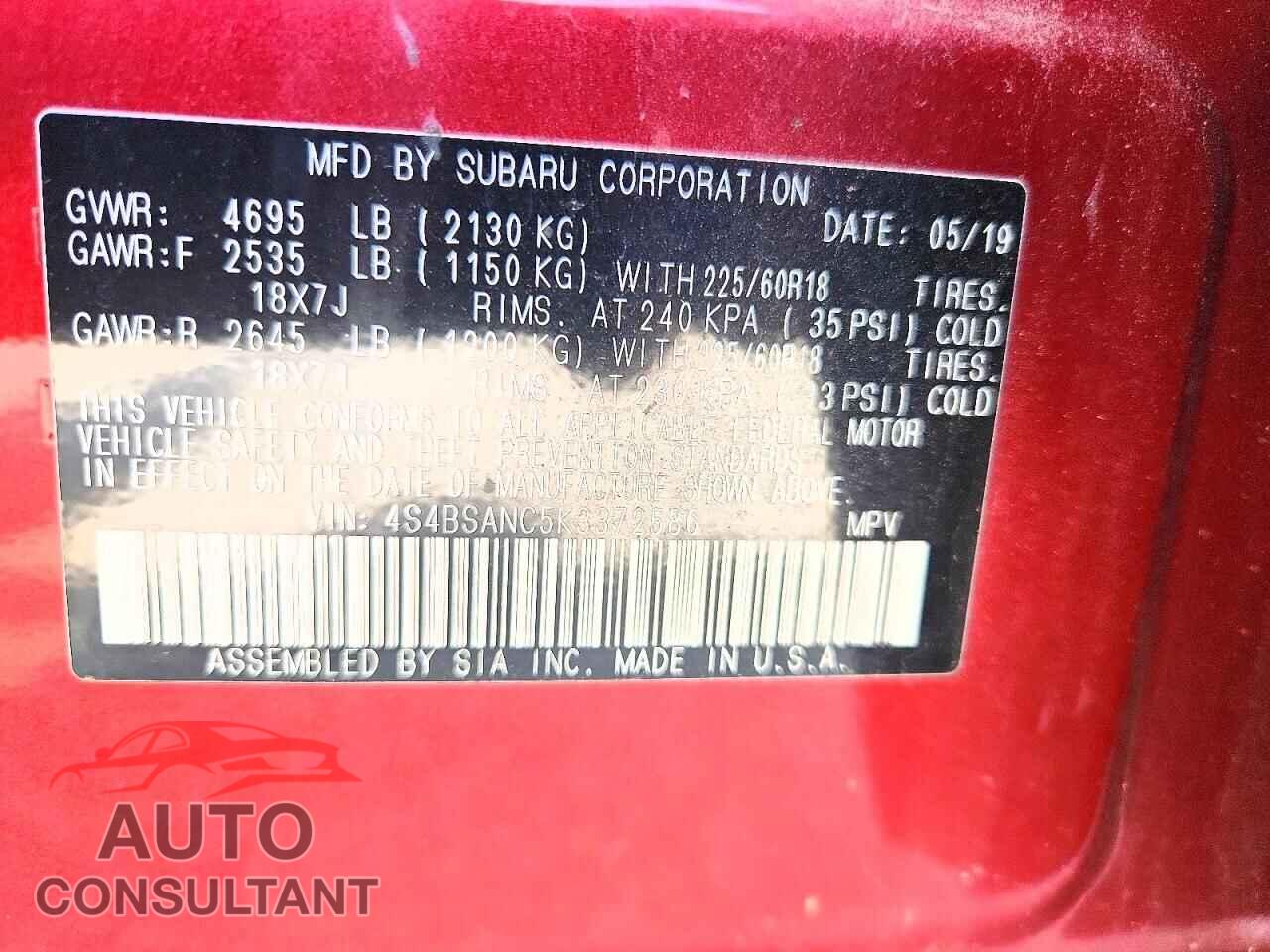 SUBARU OUTBACK 2019 - 4S4BSANC5K3372586