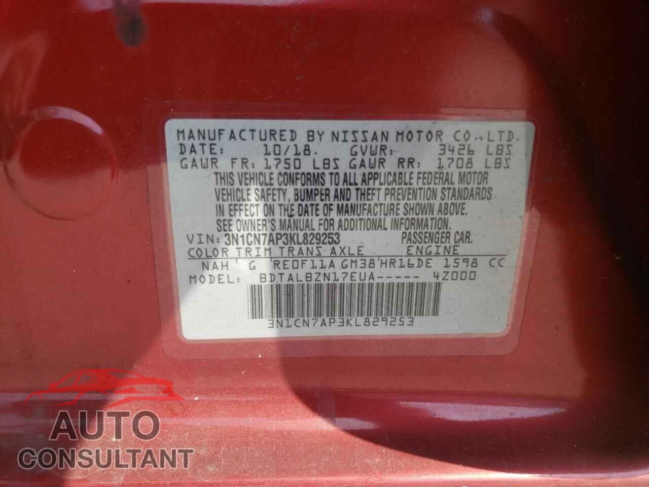 NISSAN VERSA 2019 - 3N1CN7AP3KL829253