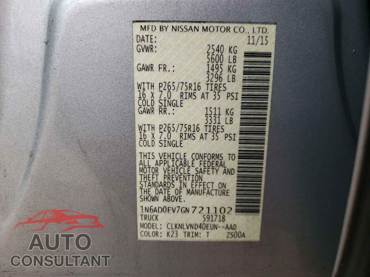 NISSAN FRONTIER 2016 - 1N6AD0EV7GN721102
