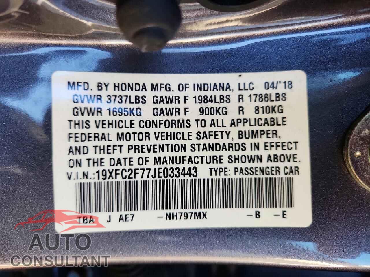 HONDA CIVIC 2018 - 19XFC2F77JE033443