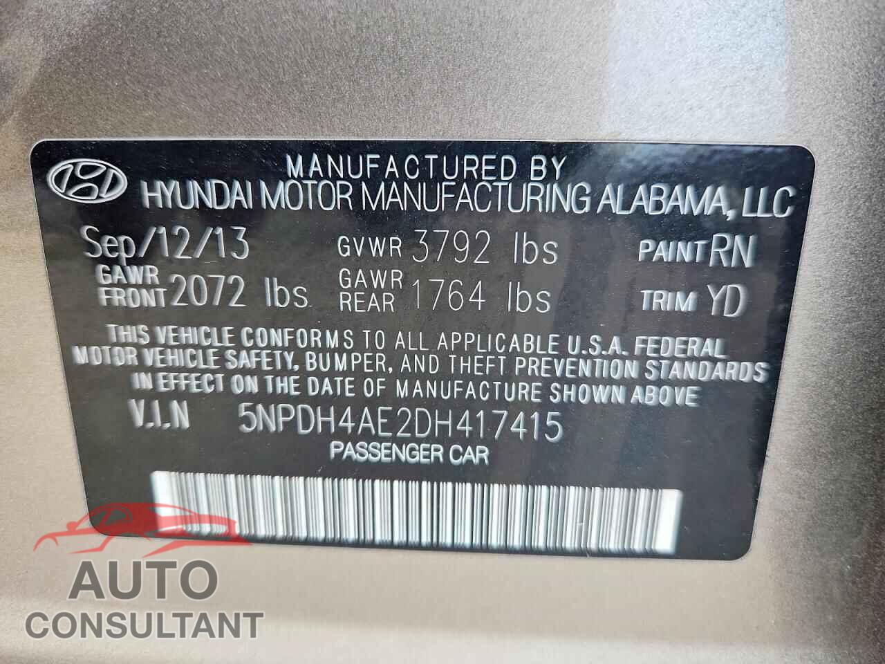 HYUNDAI ELANTRA 2013 - 5NPDH4AE2DH417415