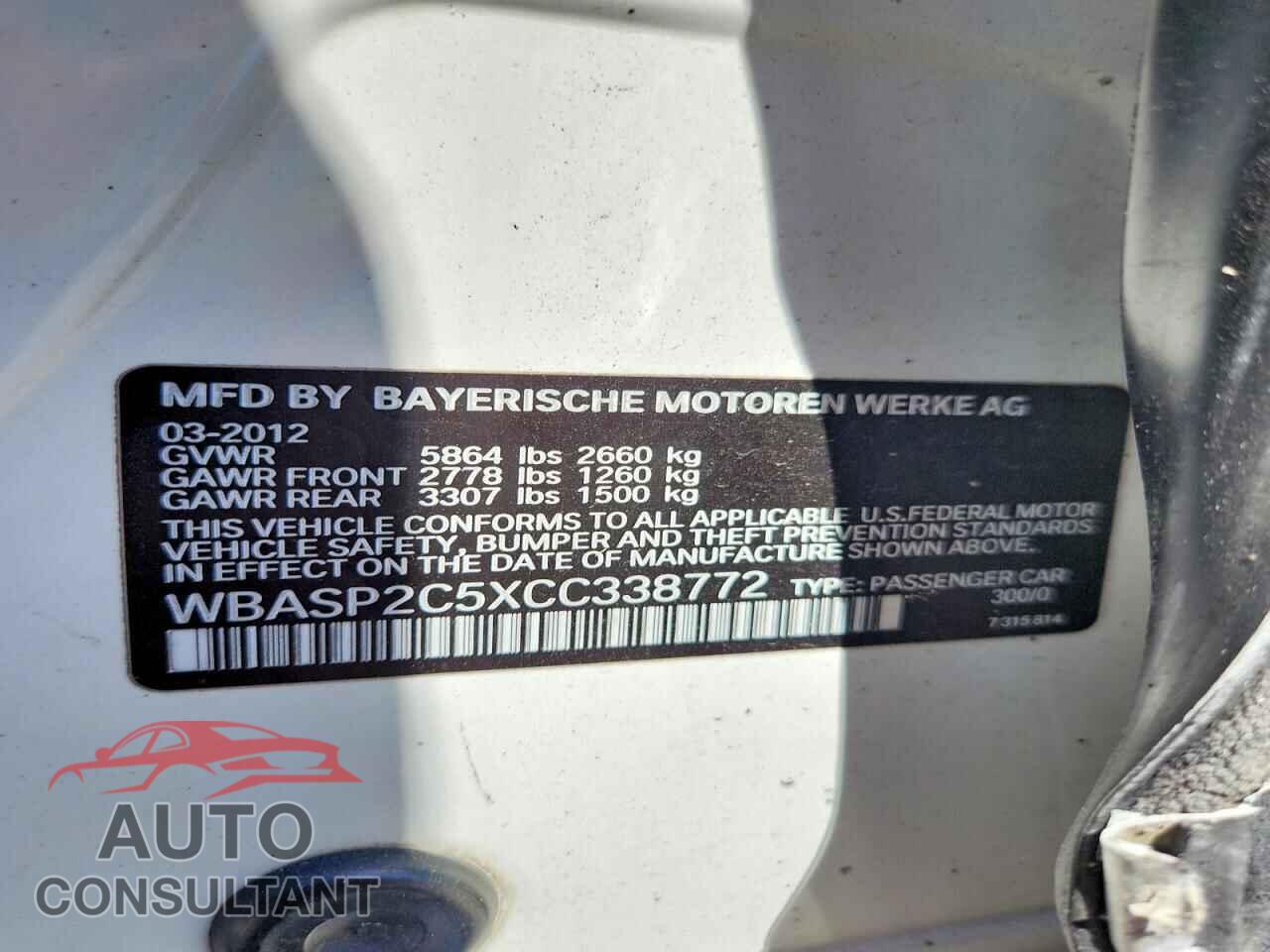 BMW 5 SERIES 2012 - WBASP2C5XCC338772