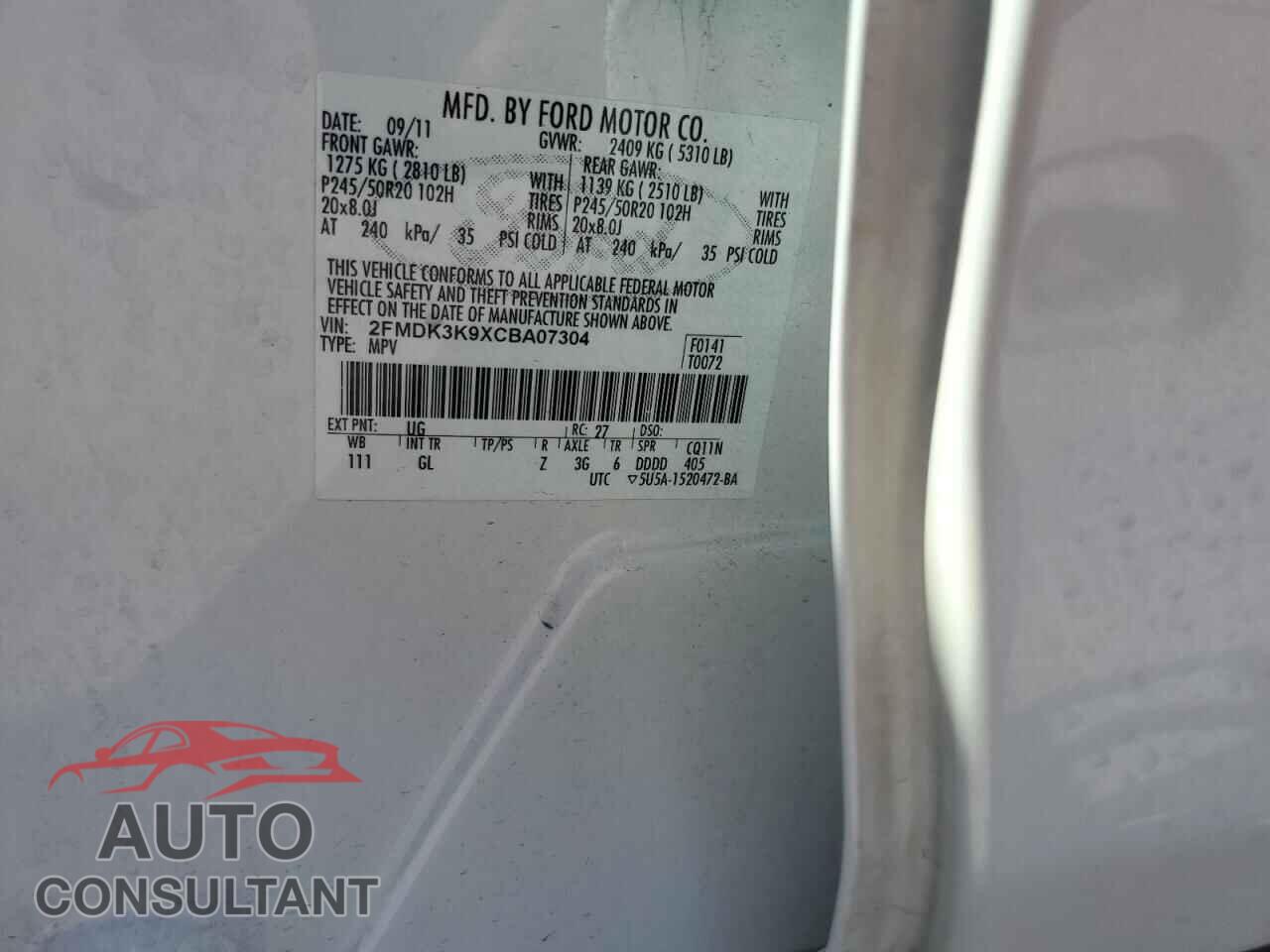 FORD EDGE 2012 - 2FMDK3K9XCBA07304