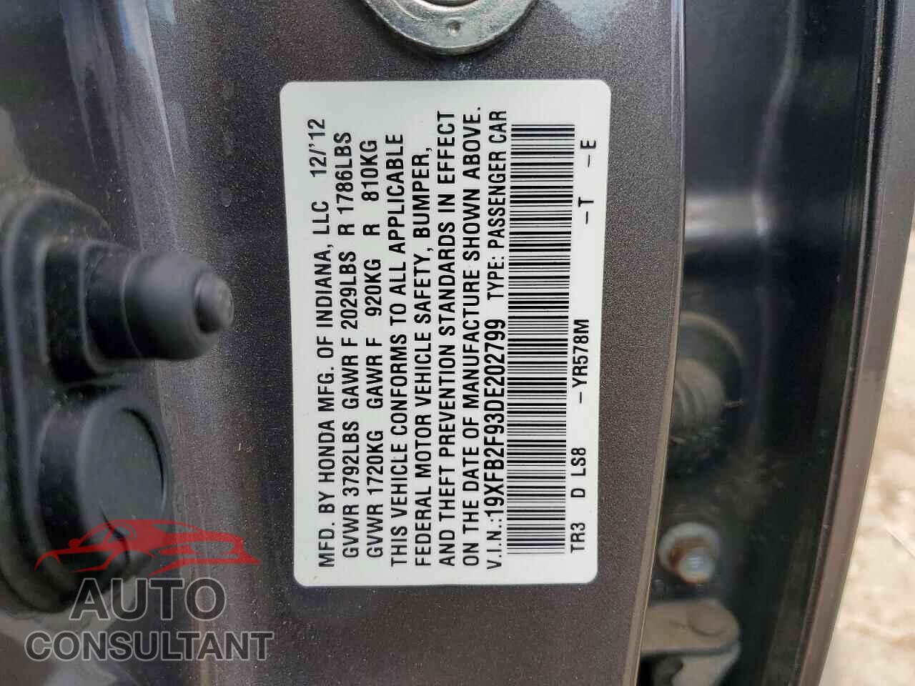 HONDA CIVIC 2013 - 19XFB2F93DE202799