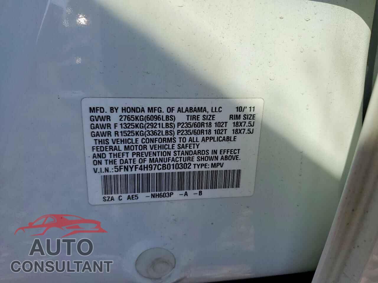 HONDA PILOT 2012 - 5FNYF4H97CB010302