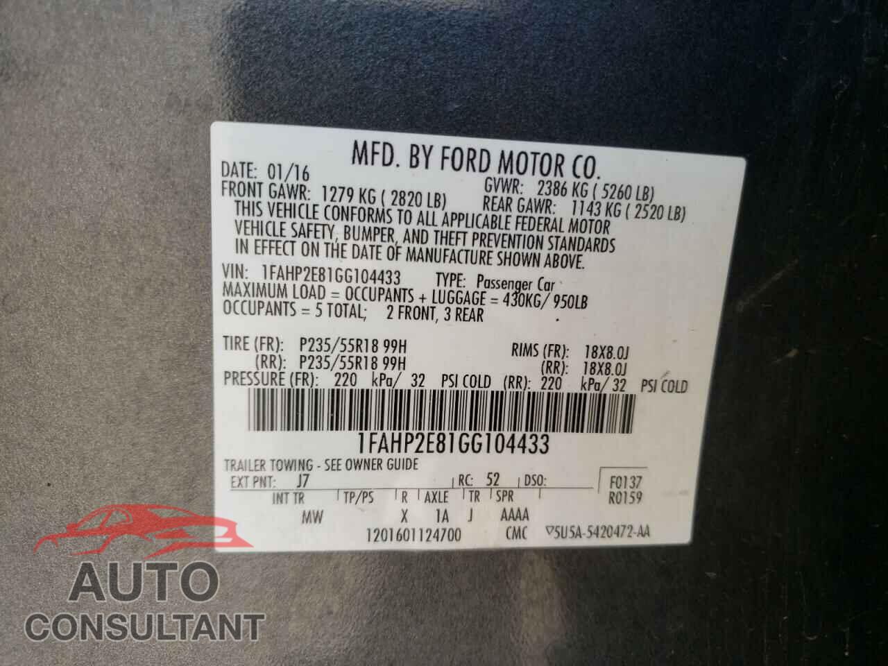 FORD TAURUS 2016 - 1FAHP2E81GG104433