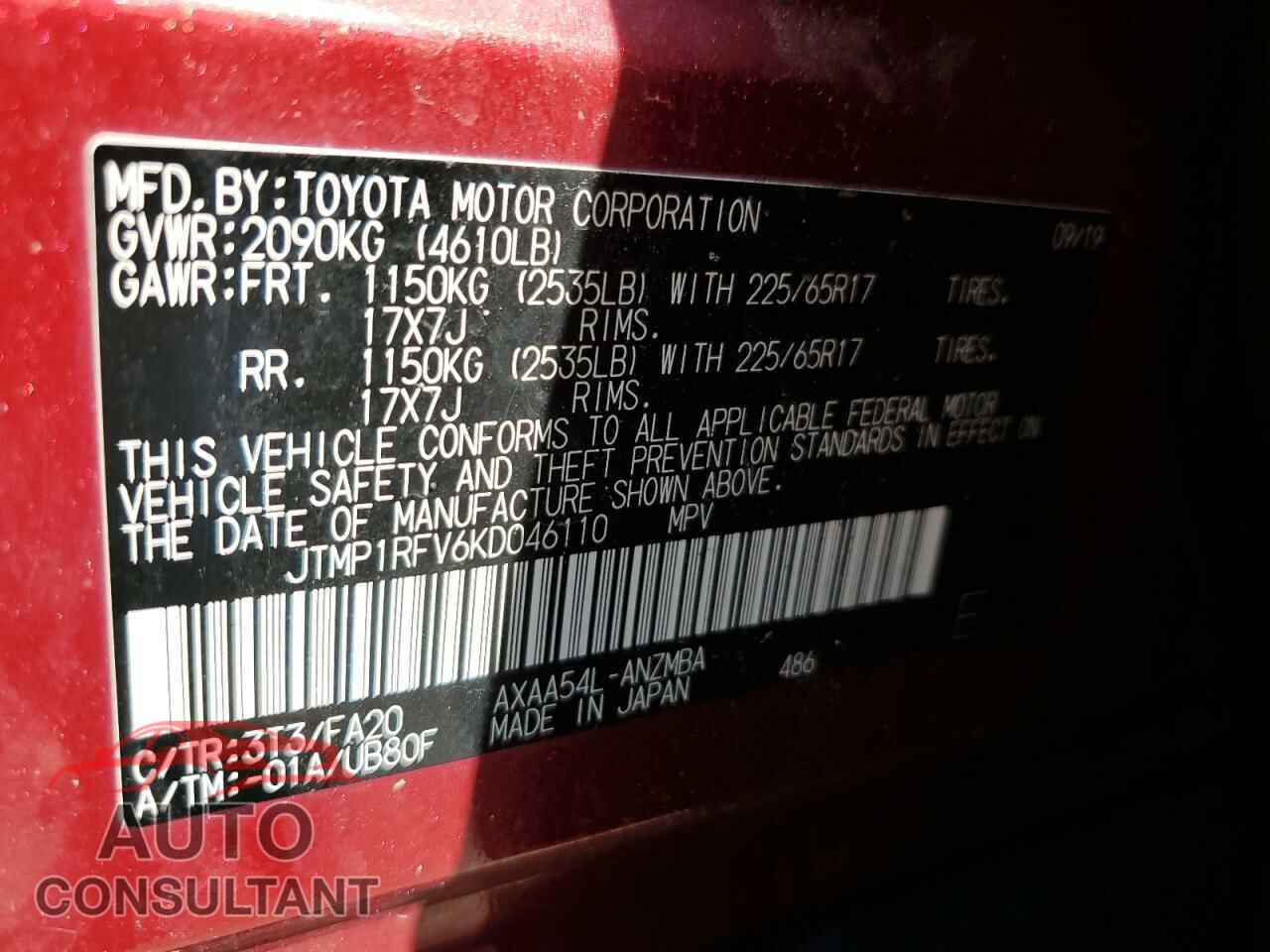 TOYOTA RAV4 2019 - JTMP1RFV6KD046110