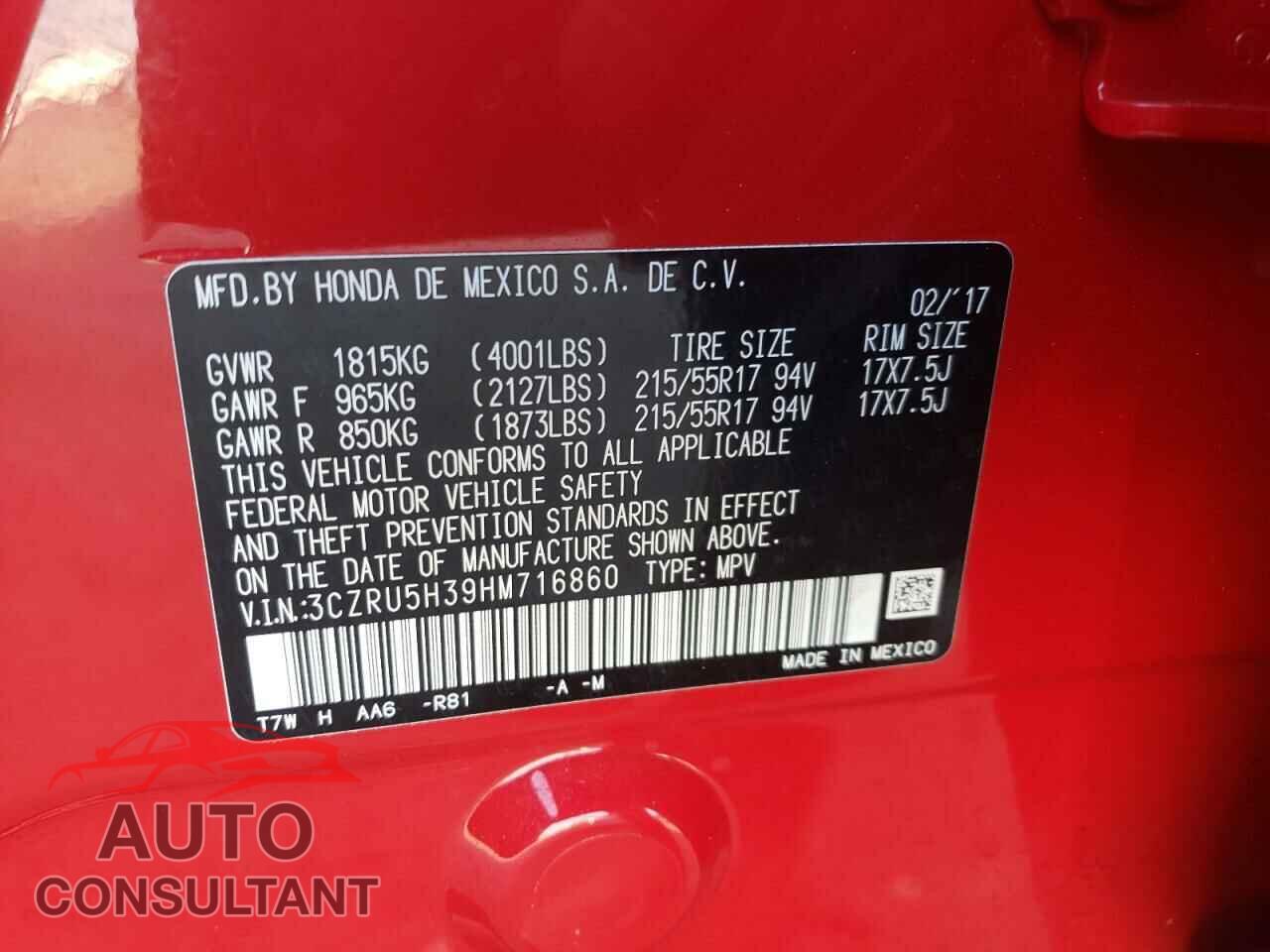 HONDA HR-V 2017 - 3CZRU5H39HM716860