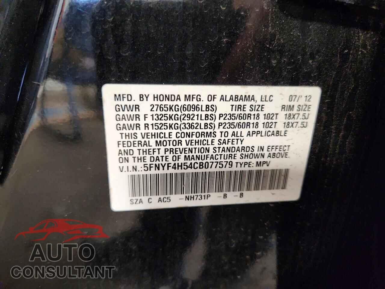 HONDA PILOT 2012 - 5FNYF4H54CB077579