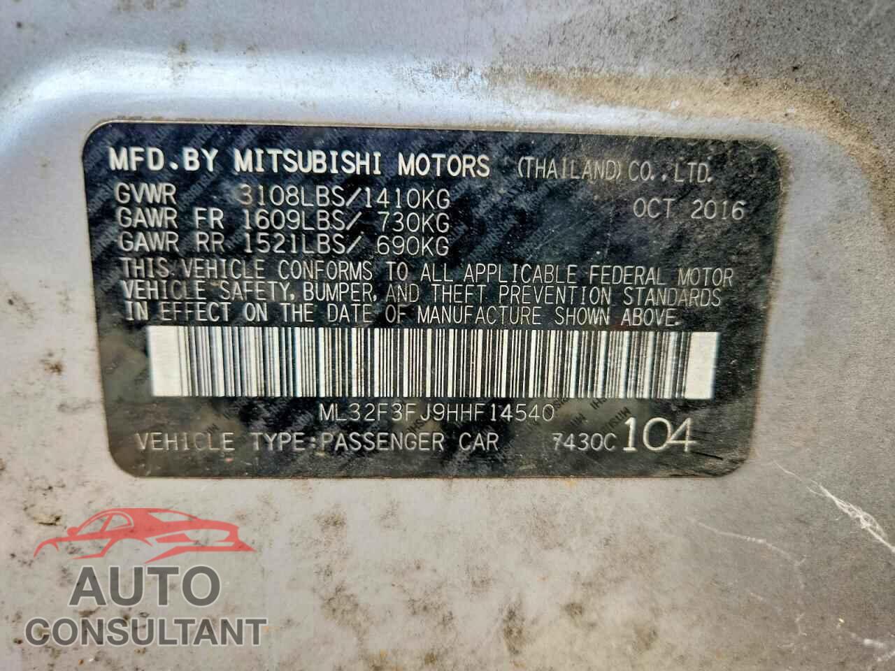 MITSUBISHI MIRAGE 2017 - ML32F3FJ9HHF14540