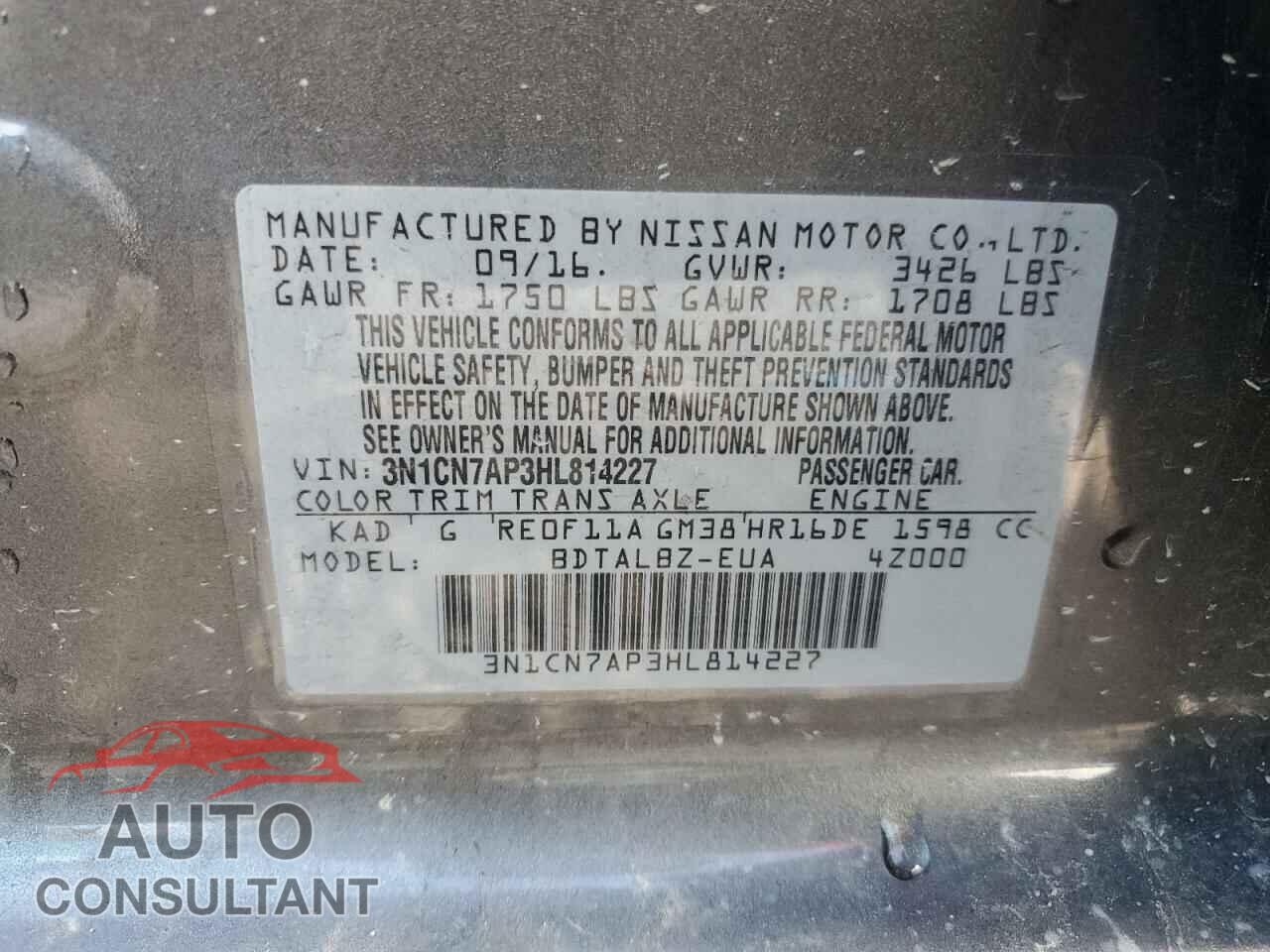 NISSAN VERSA 2017 - 3N1CN7AP3HL814227
