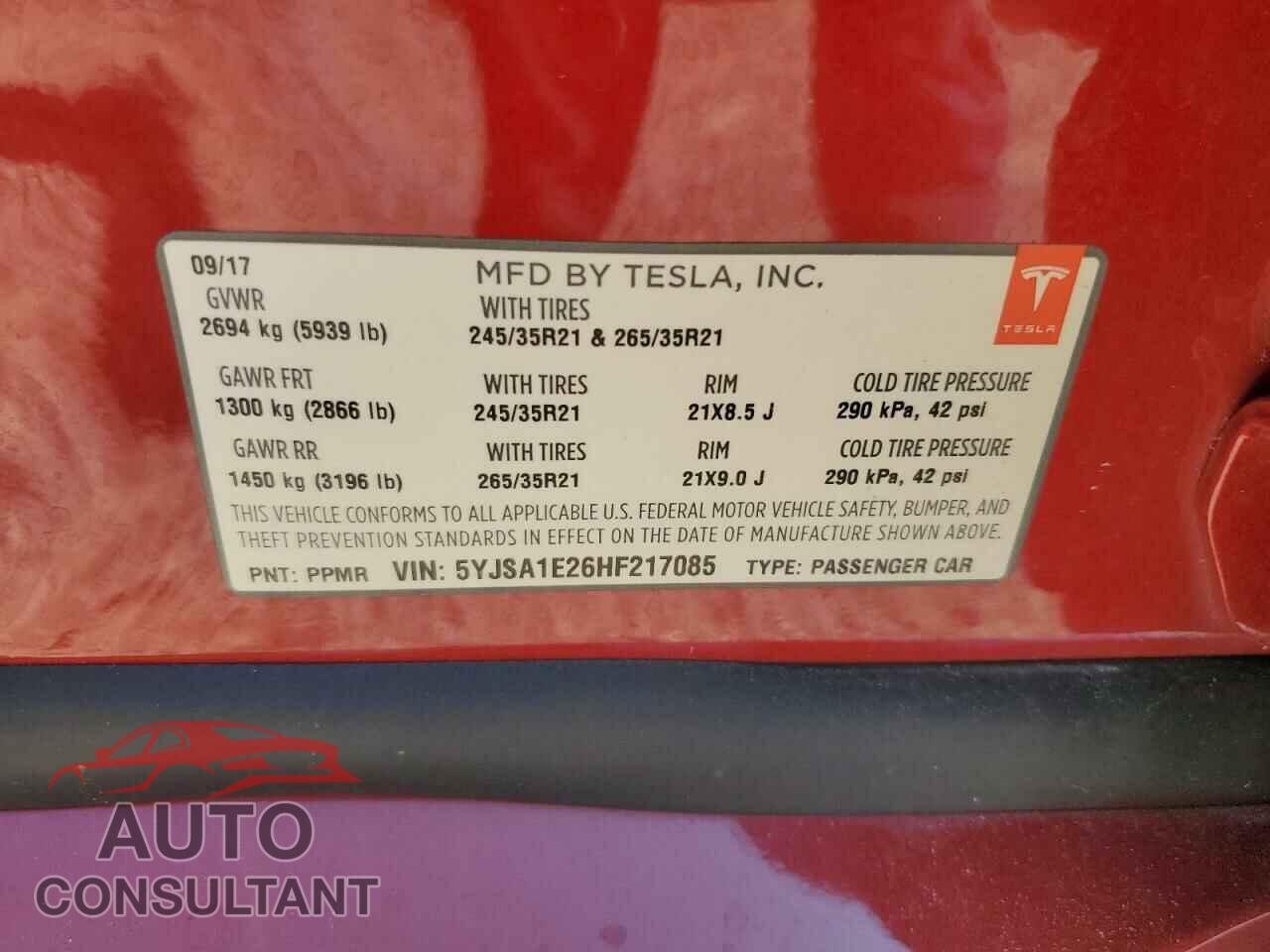 TESLA MODEL S 2017 - 5YJSA1E26HF217085