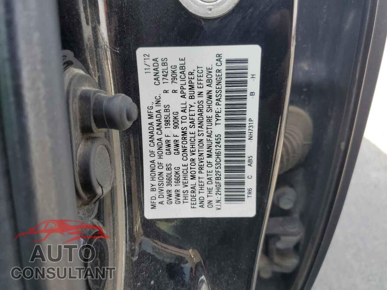 HONDA CIVIC 2012 - 2HGFB2F53CH612455