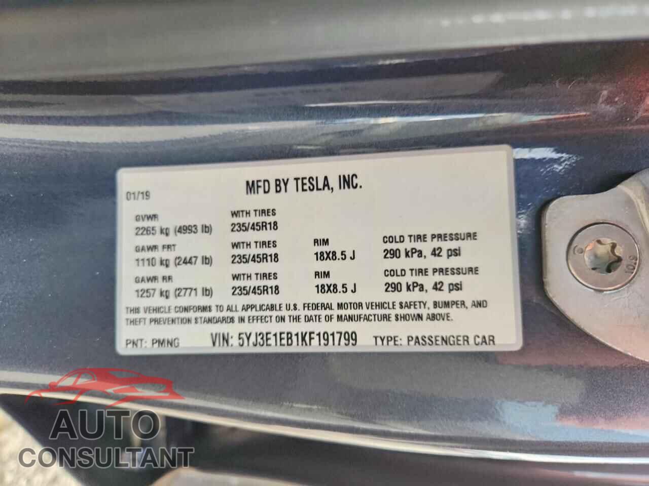 TESLA MODEL 3 2019 - 5YJ3E1EB1KF191799