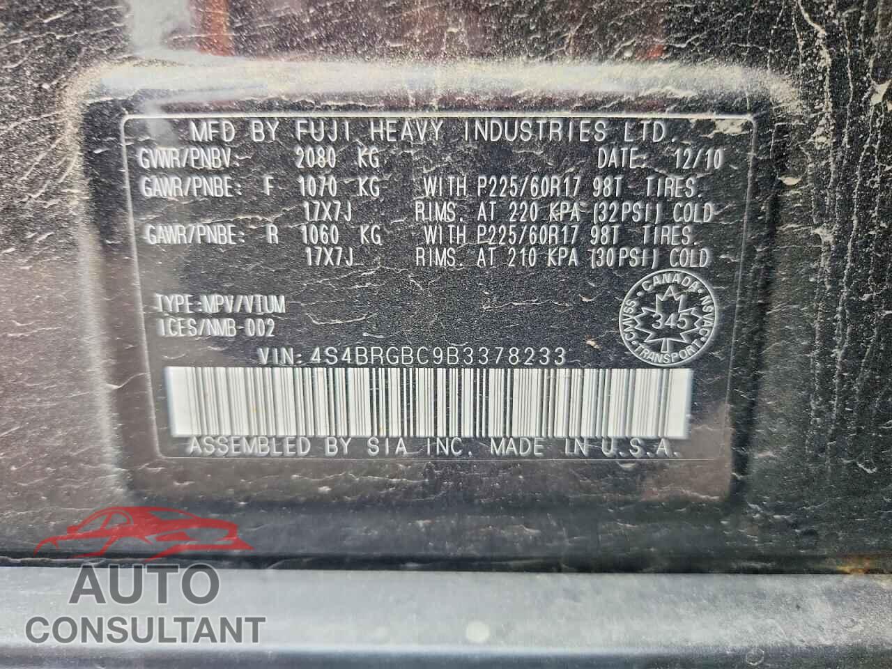 SUBARU OUTBACK 2011 - 4S4BRGBC9B3378233