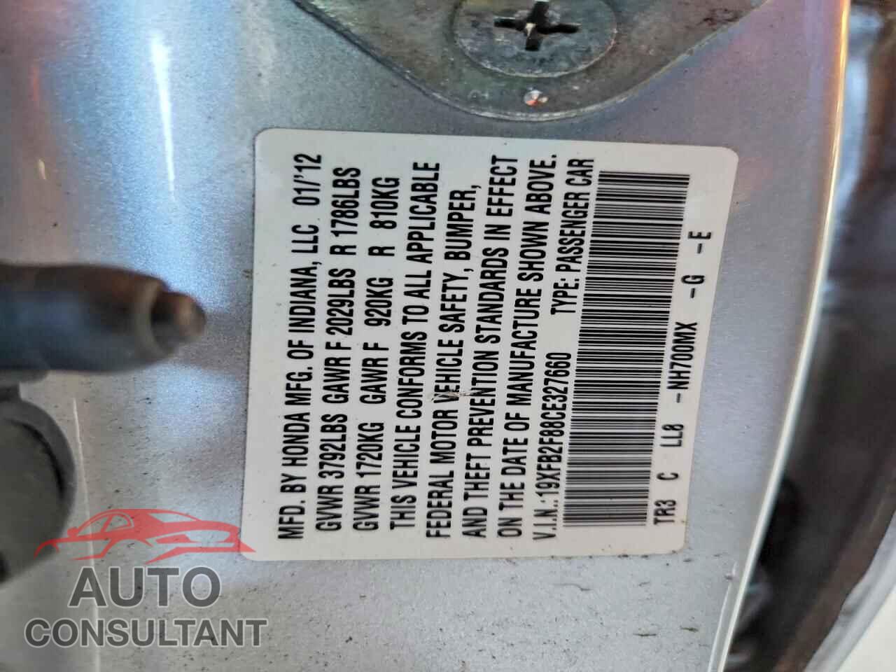 HONDA CIVIC 2012 - 19XFB2F88CE327660