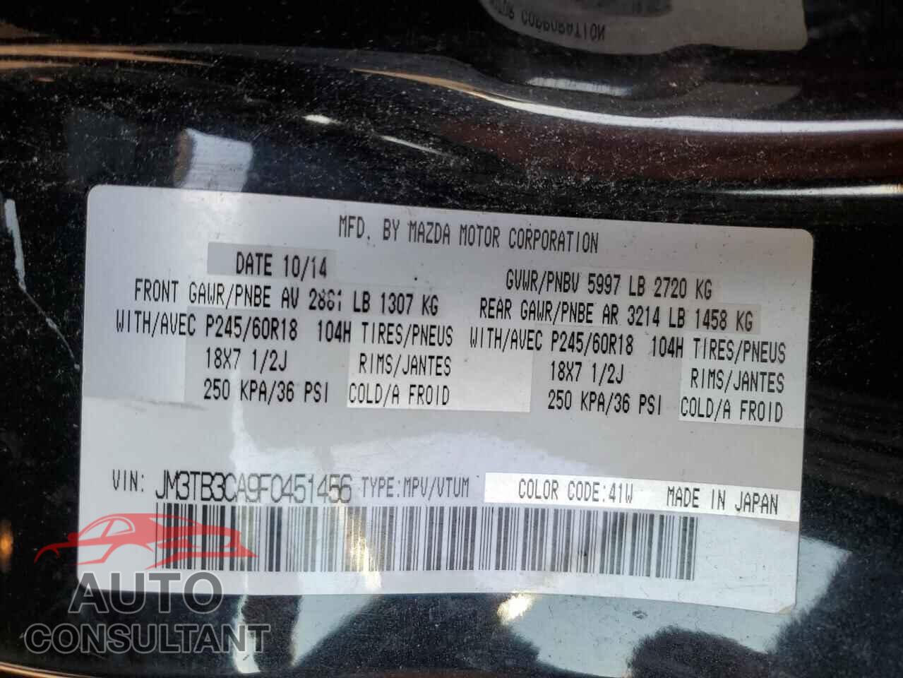 MAZDA CX-9 2015 - JM3TB3CA9F0451456