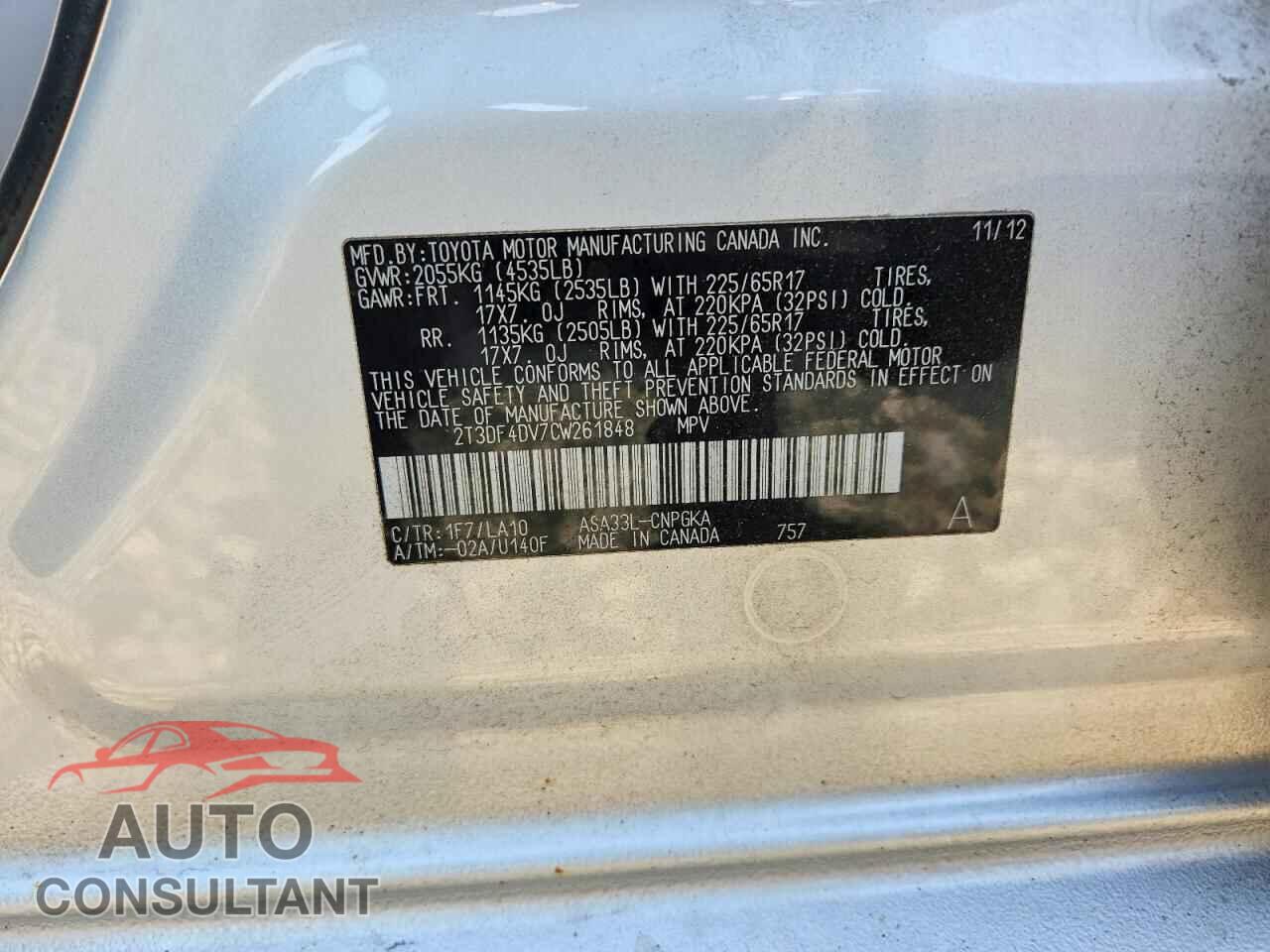 TOYOTA RAV4 2012 - 2T3DF4DV7CW261848