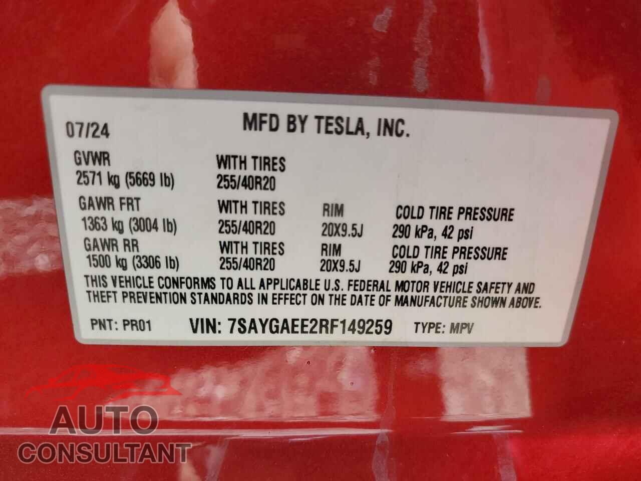 TESLA MODEL Y 2024 - 7SAYGAEE2RF149259