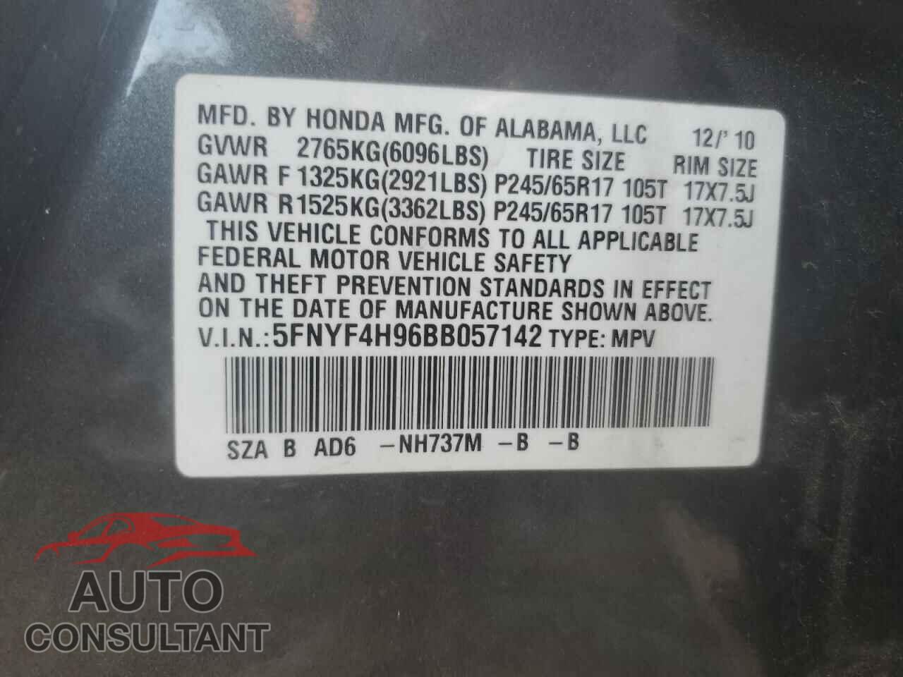 HONDA PILOT 2011 - 5FNYF4H96BB057142