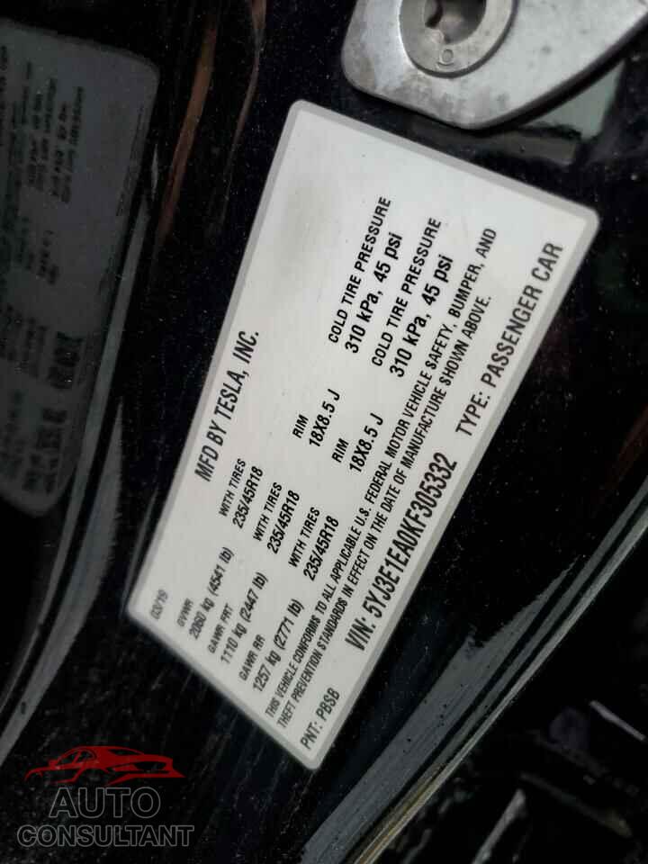 TESLA MODEL 3 2019 - 5YJ3E1EA0KF305332