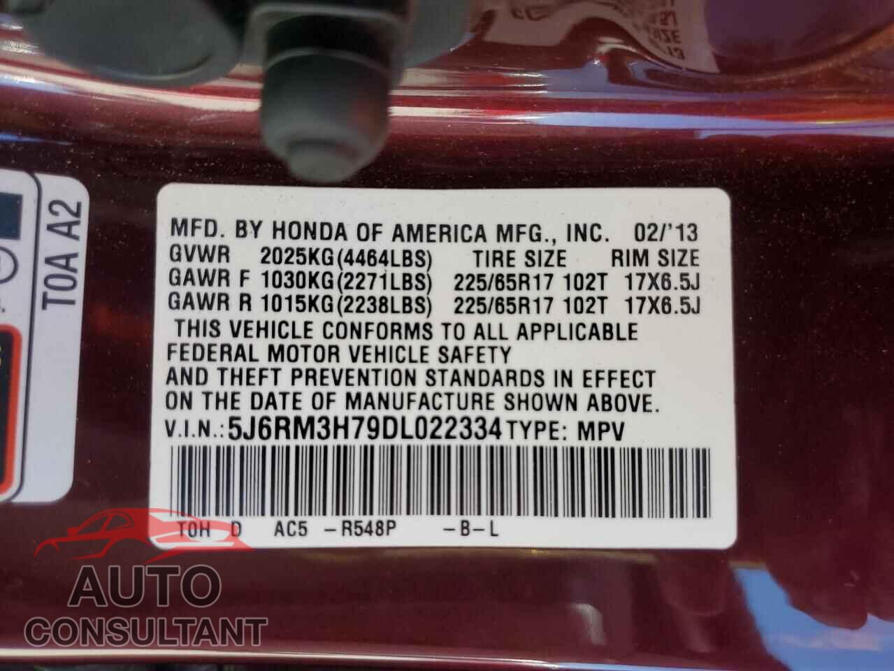 HONDA CRV 2013 - 5J6RM3H79DL022334