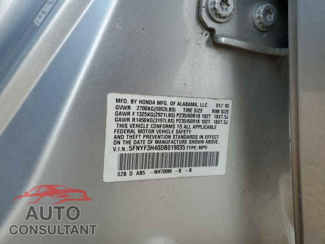 HONDA PILOT 2013 - 5FNYF3H40DB019035