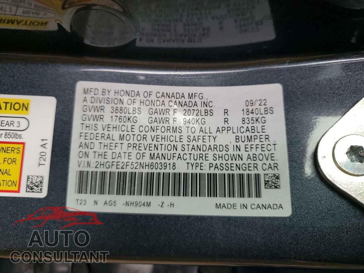 HONDA CIVIC 2022 - 2HGFE2F52NH603918