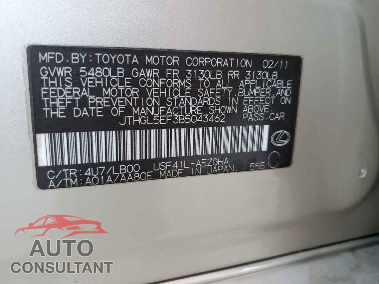 LEXUS LS460 2011 - JTHGL5EF3B5043462