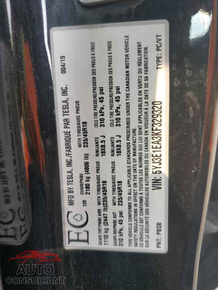 TESLA MODEL 3 2019 - 5YJ3E1EA3KF329320