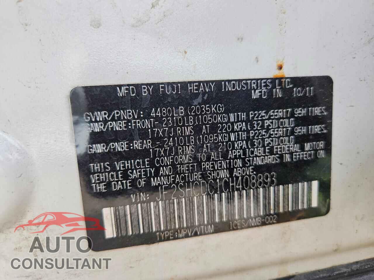 SUBARU FORESTER 2012 - JF2SHCDC1CH408893