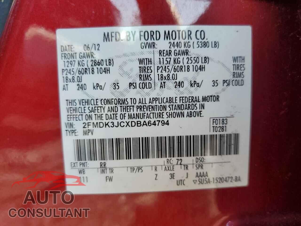 FORD EDGE 2013 - 2FMDK3JCXDBA64794
