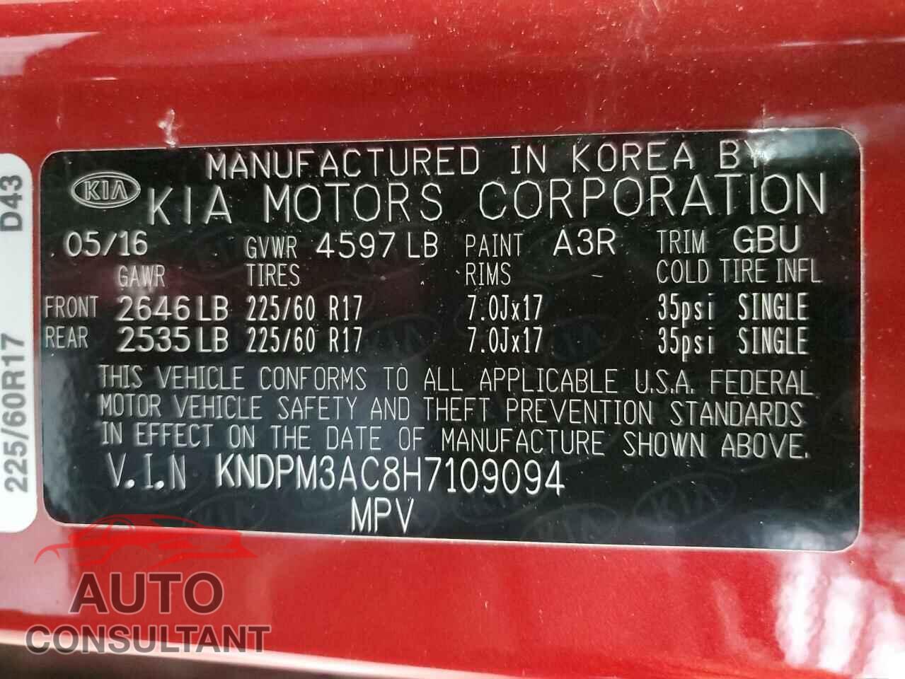 KIA SPORTAGE 2017 - KNDPM3AC8H7109094