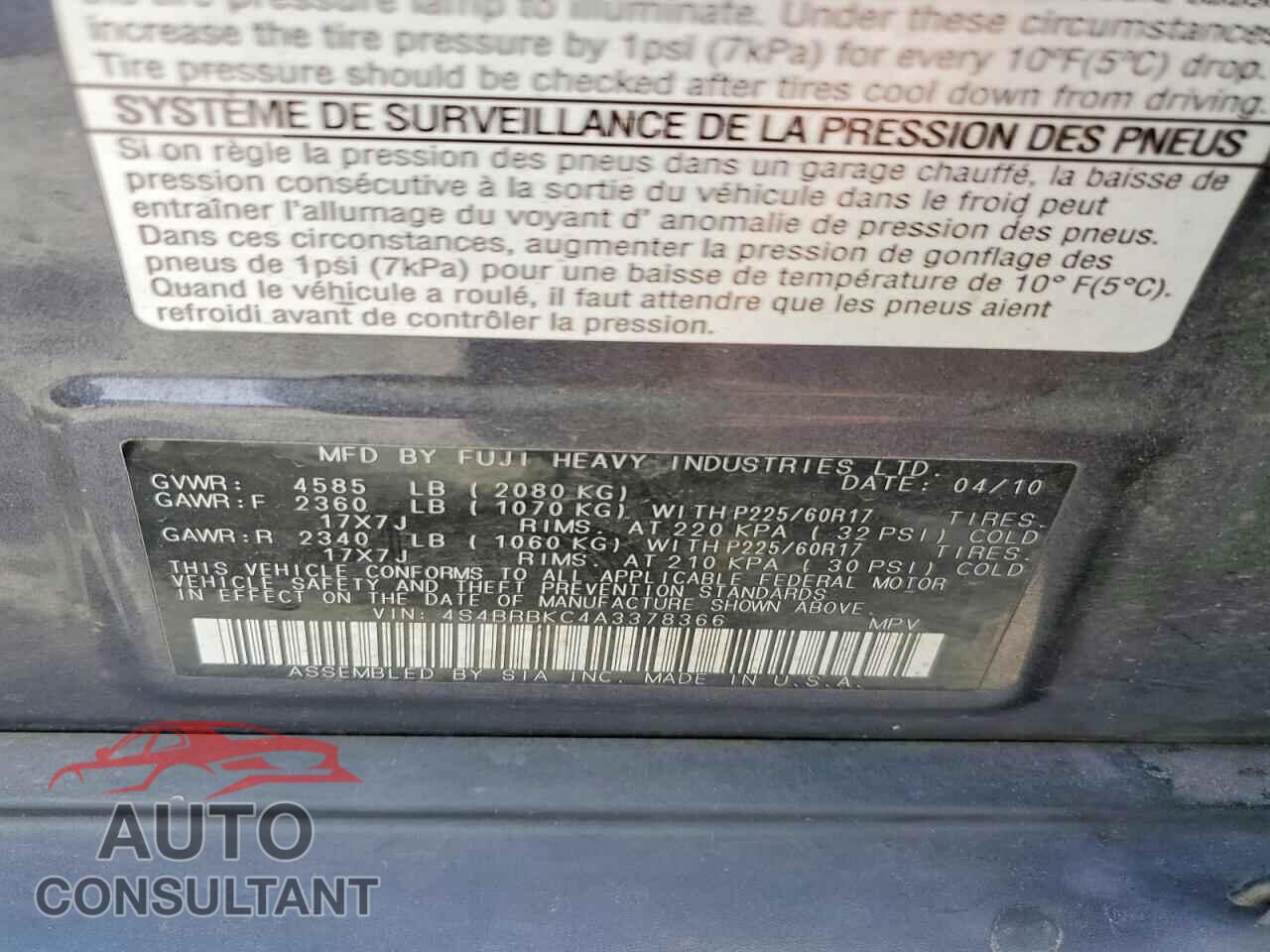 SUBARU OUTBACK 2010 - 4S4BRBKC4A3378366