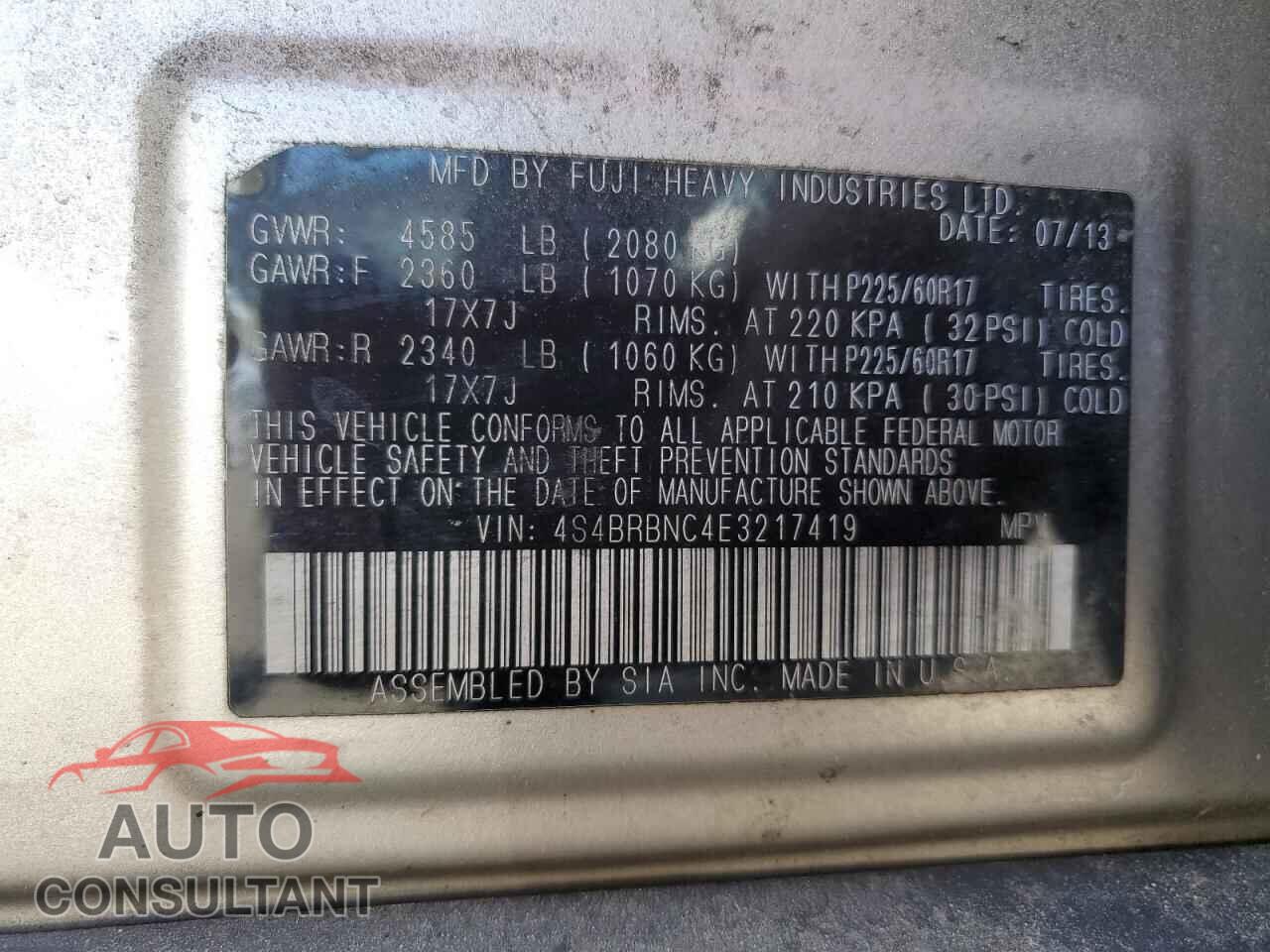 SUBARU OUTBACK 2014 - 4S4BRBNC4E3217419