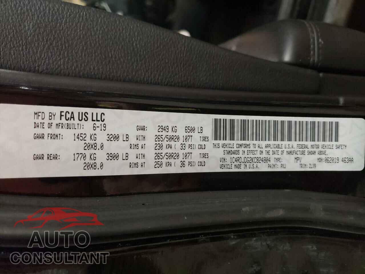 DODGE DURANGO 2019 - 1C4RDJDG2KC824804