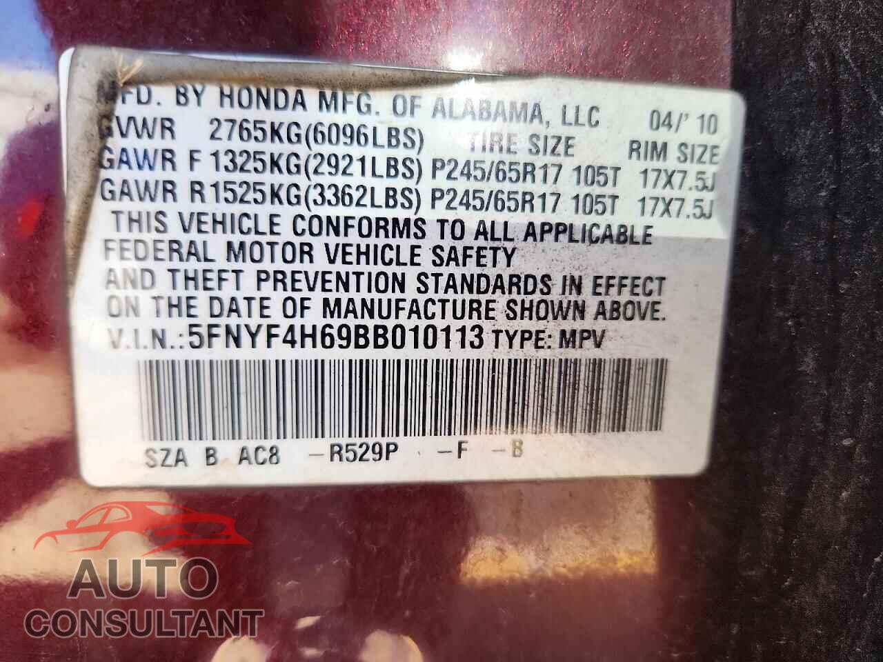HONDA PILOT 2011 - 5FNYF4H69BB010113
