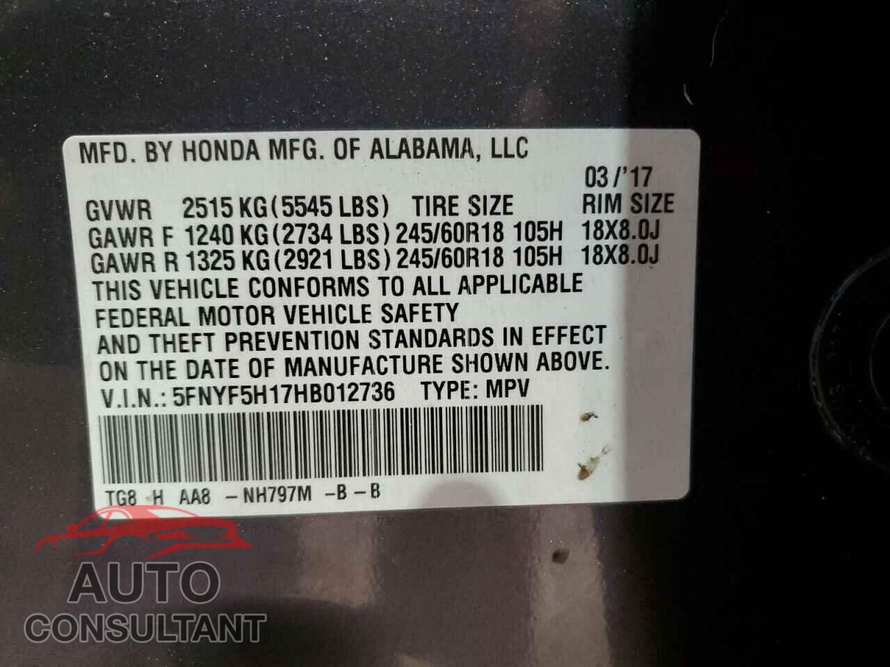 HONDA PILOT 2017 - 5FNYF5H17HB012736