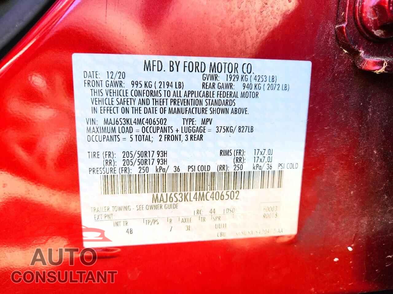 FORD ECOSPORT 2021 - MAJ6S3KL4MC406502