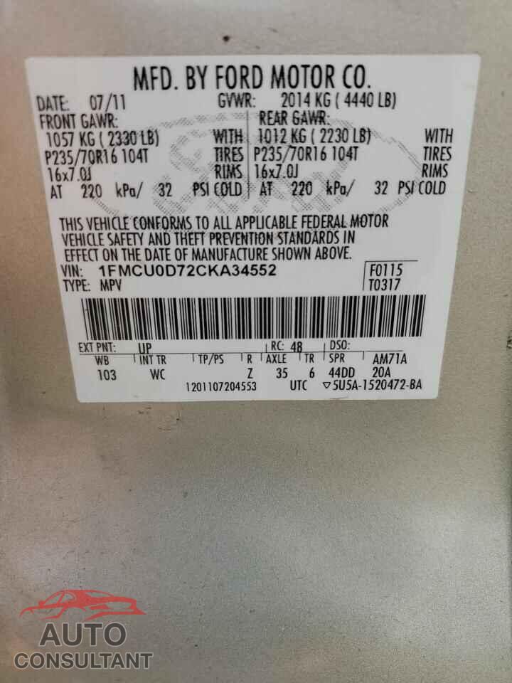 FORD ESCAPE 2012 - 1FMCU0D72CKA34552