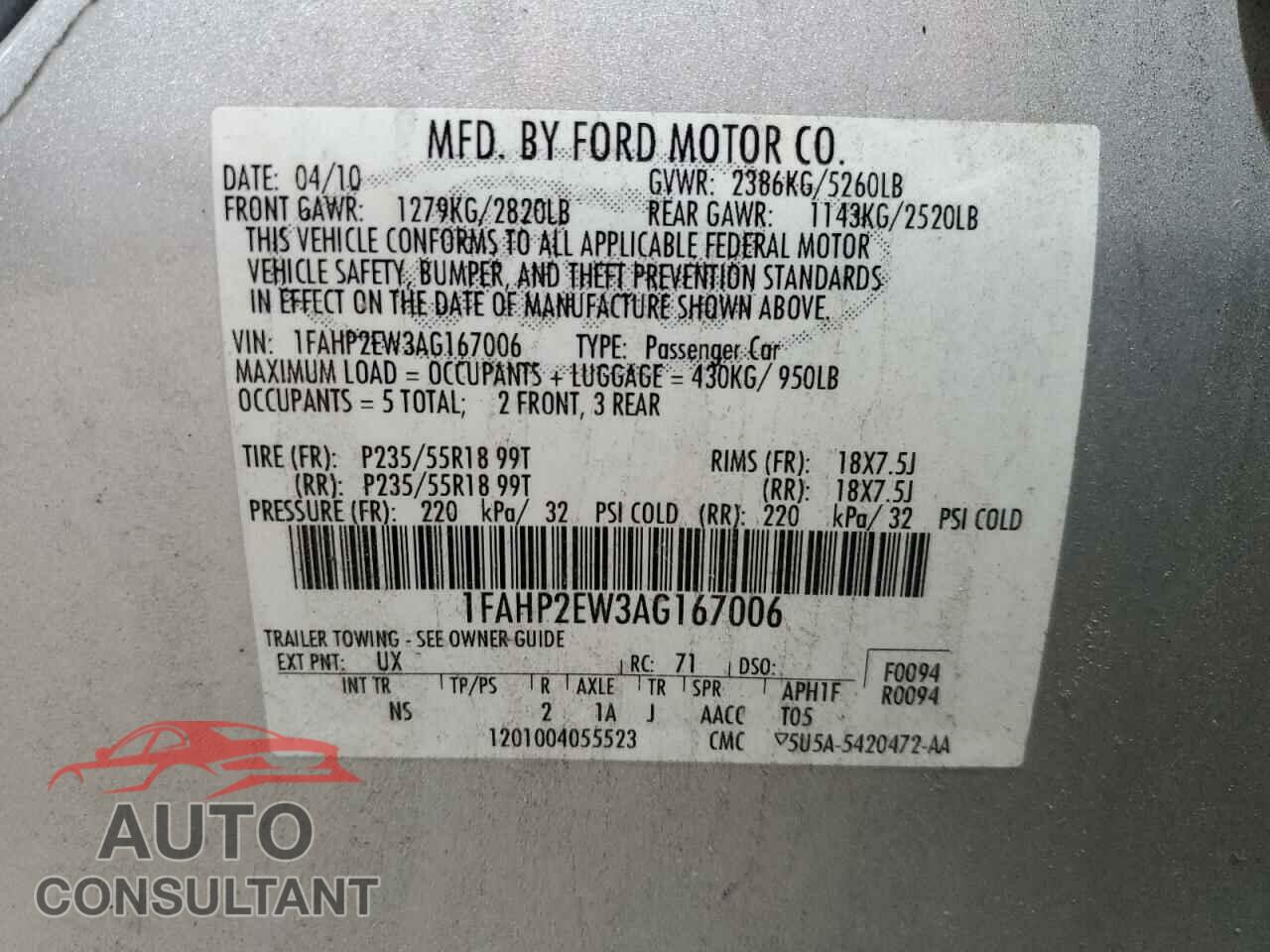 FORD TAURUS 2010 - 1FAHP2EW3AG167006