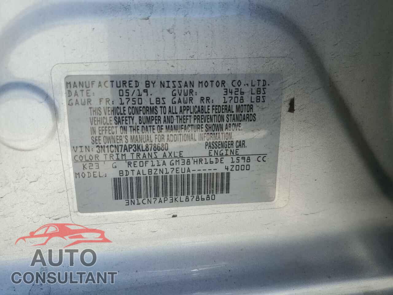 NISSAN VERSA 2019 - 3N1CN7AP3KL878680