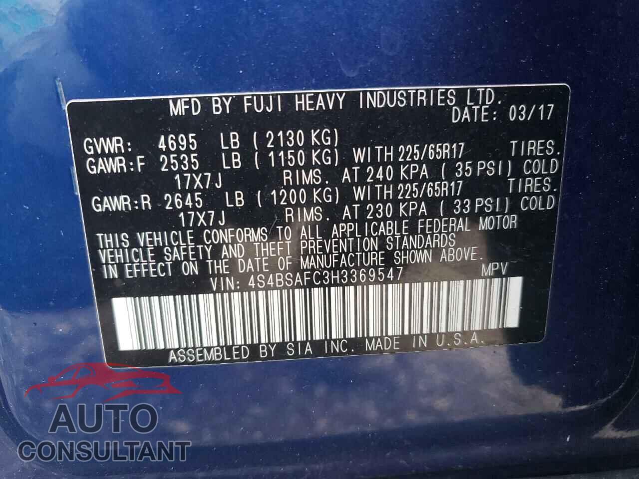 SUBARU OUTBACK 2017 - 4S4BSAFC3H3369547