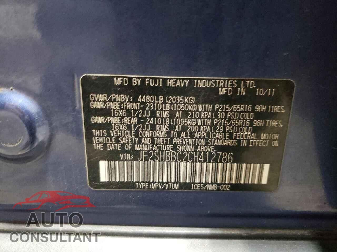 SUBARU FORESTER 2012 - JF2SHBBC2CH412786